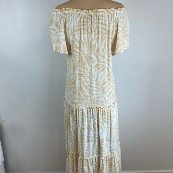 Patrons Of Peace Dress Size M Maxi Ruffle Tier Tie Neck Off Shoulder Tan White - Picture 13 of 13